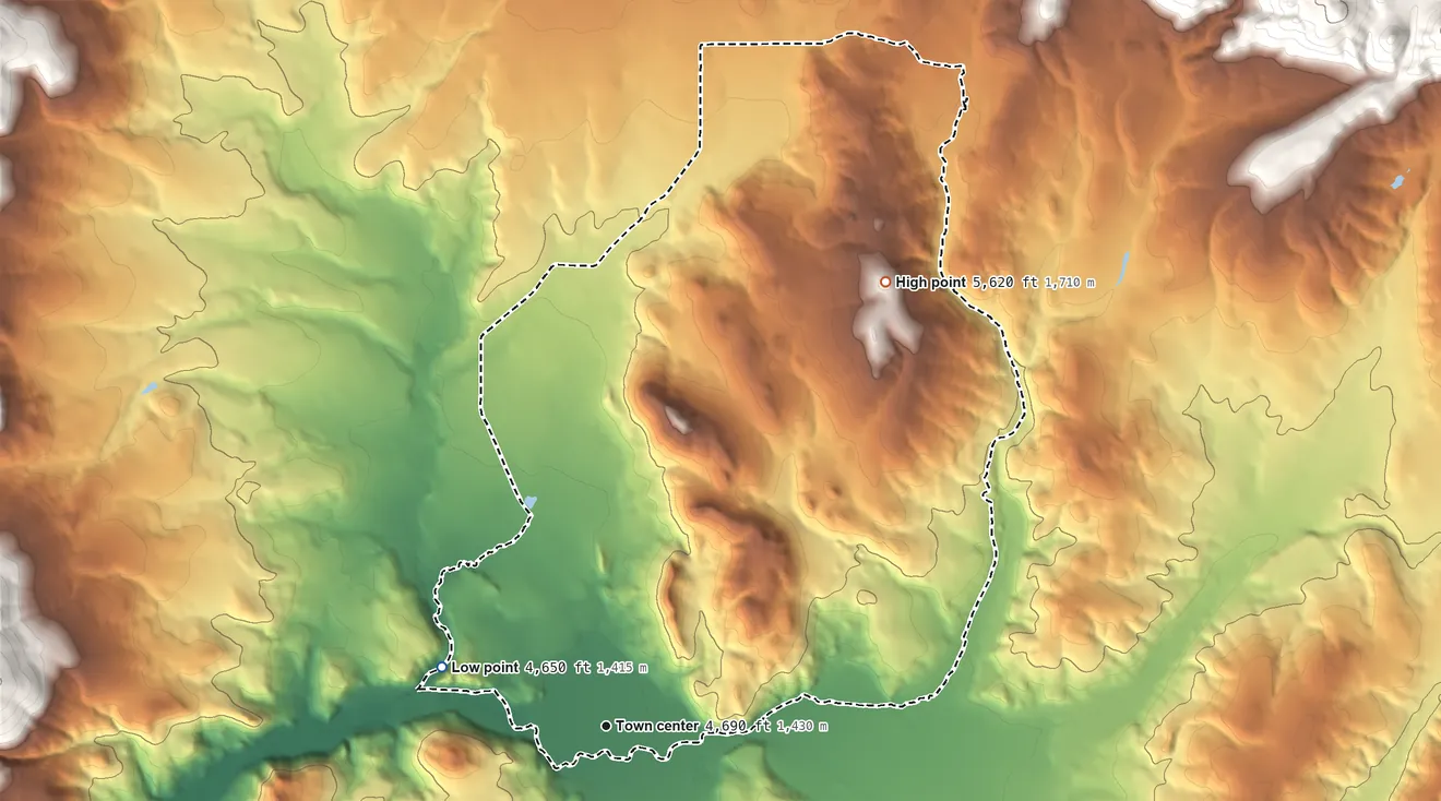 Topographic elevation map of Avon, Montana, shaded from 4,650 ft on the west side to 5,620 ft on the northeast side