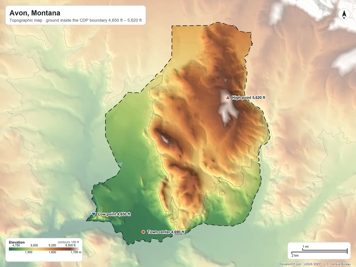 Topographic elevation map of Avon, Montana, shaded from 4,650 ft on the west side to 5,620 ft on the northeast side