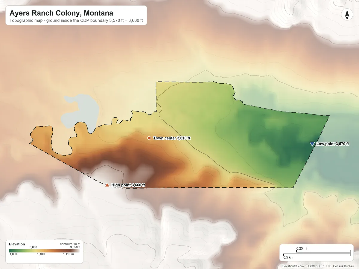 Topographic elevation map of Ayers Ranch Colony, Montana, shaded from 3,570 ft on the east side to 3,660 ft on the southwest side