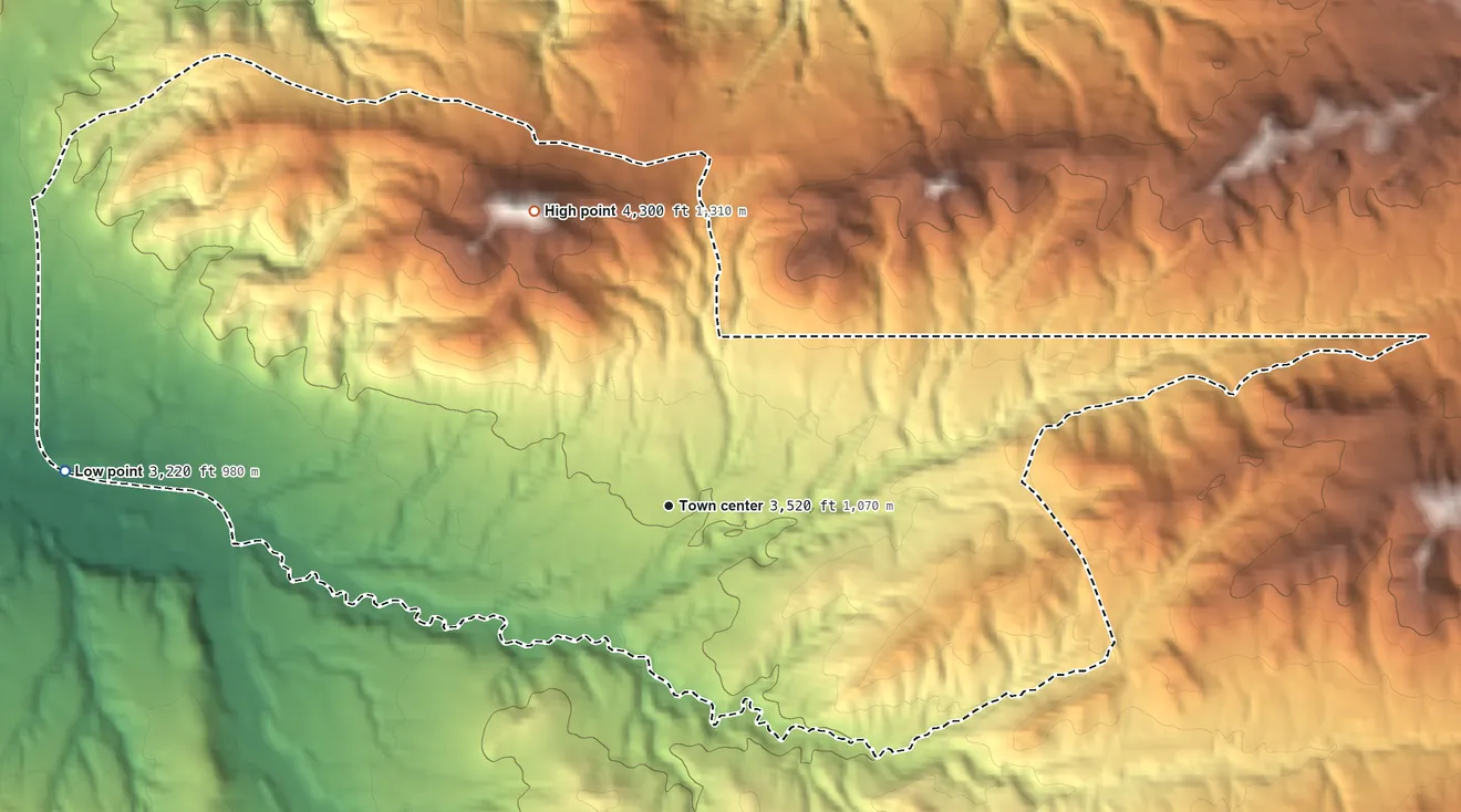 Topographic elevation map of Azure, Montana, shaded from 3,220 ft on the west side to 4,300 ft on the northwest side
