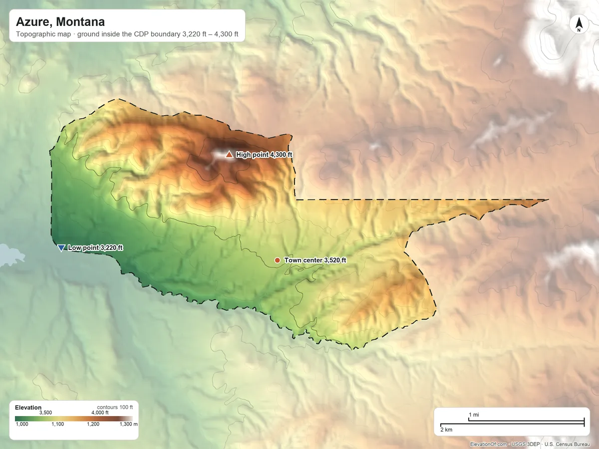 Topographic elevation map of Azure, Montana, shaded from 3,220 ft on the west side to 4,300 ft on the northwest side