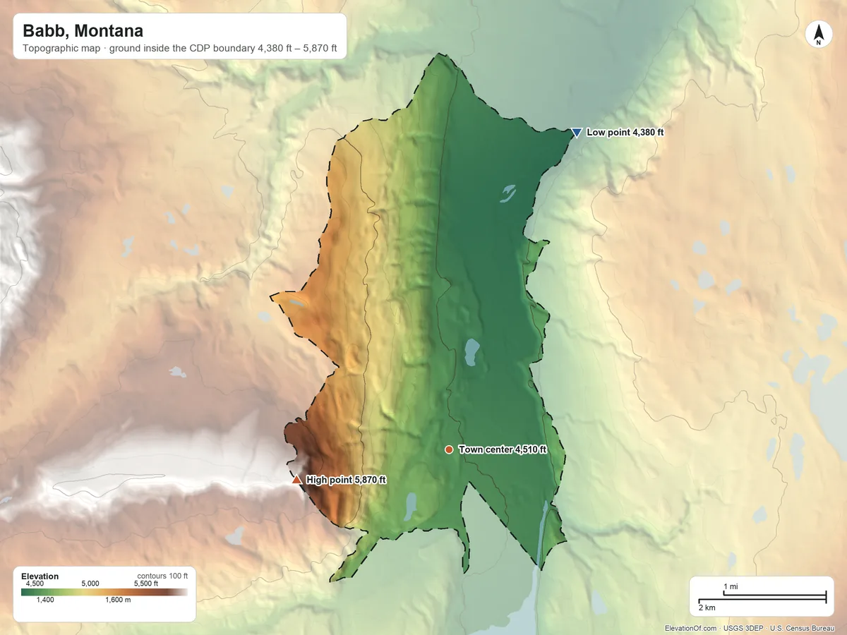 Topographic elevation map of Babb, Montana, shaded from 4,380 ft on the north side to 5,870 ft on the west side