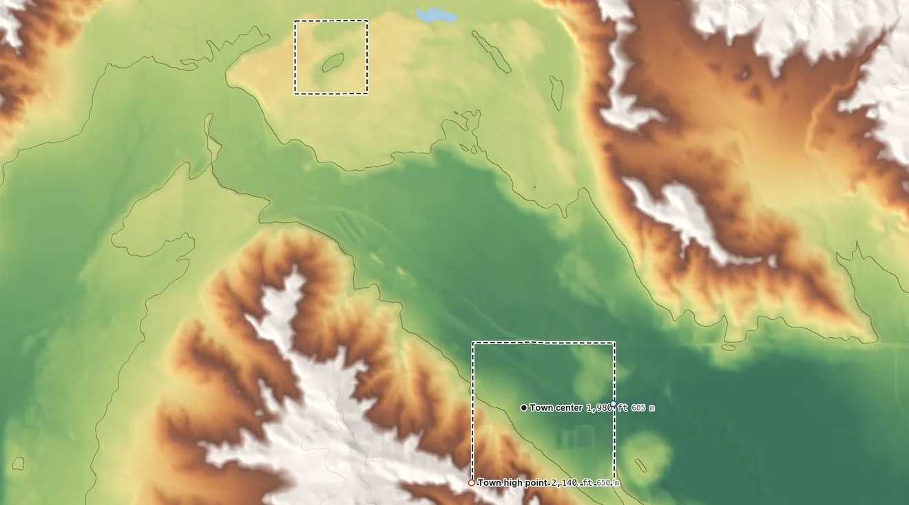 Topographic elevation map of Bainville, Montana, shaded from 1,950 ft on the east side to 2,140 ft on the southwest side