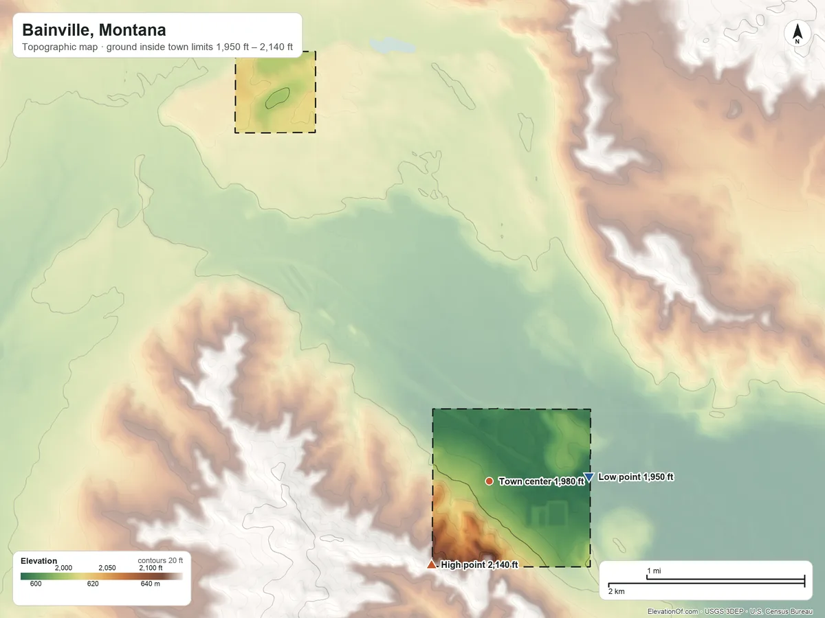 Topographic elevation map of Bainville, Montana, shaded from 1,950 ft on the east side to 2,140 ft on the southwest side