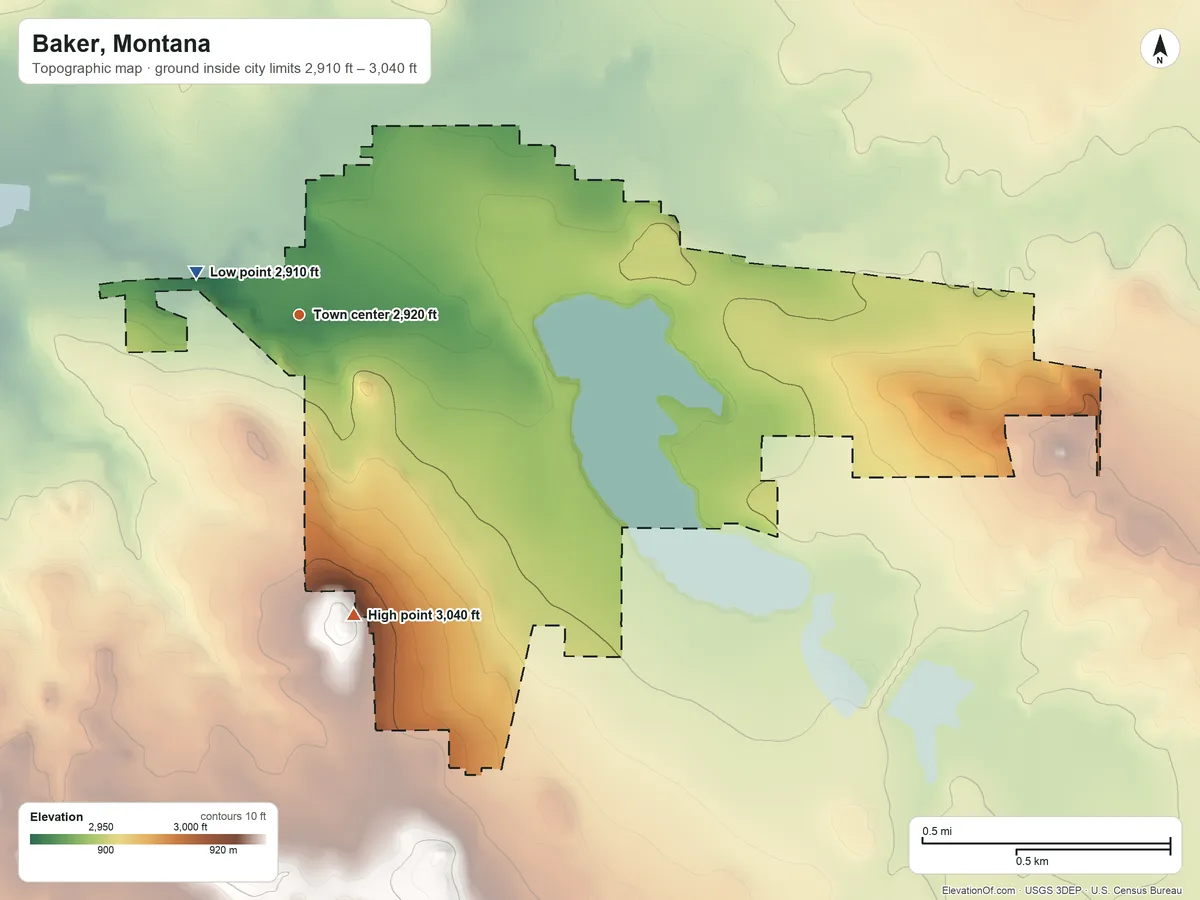 Topographic elevation map of Baker, Montana, shaded from 2,910 ft near the middle to 3,040 ft on the south side