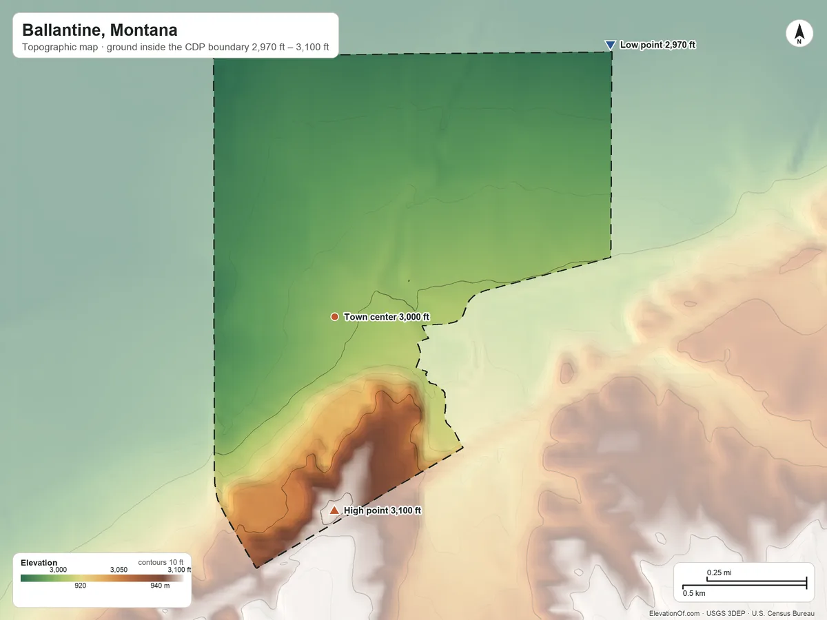 Topographic elevation map of Ballantine, Montana, shaded from 2,970 ft on the northeast side to 3,100 ft on the south side