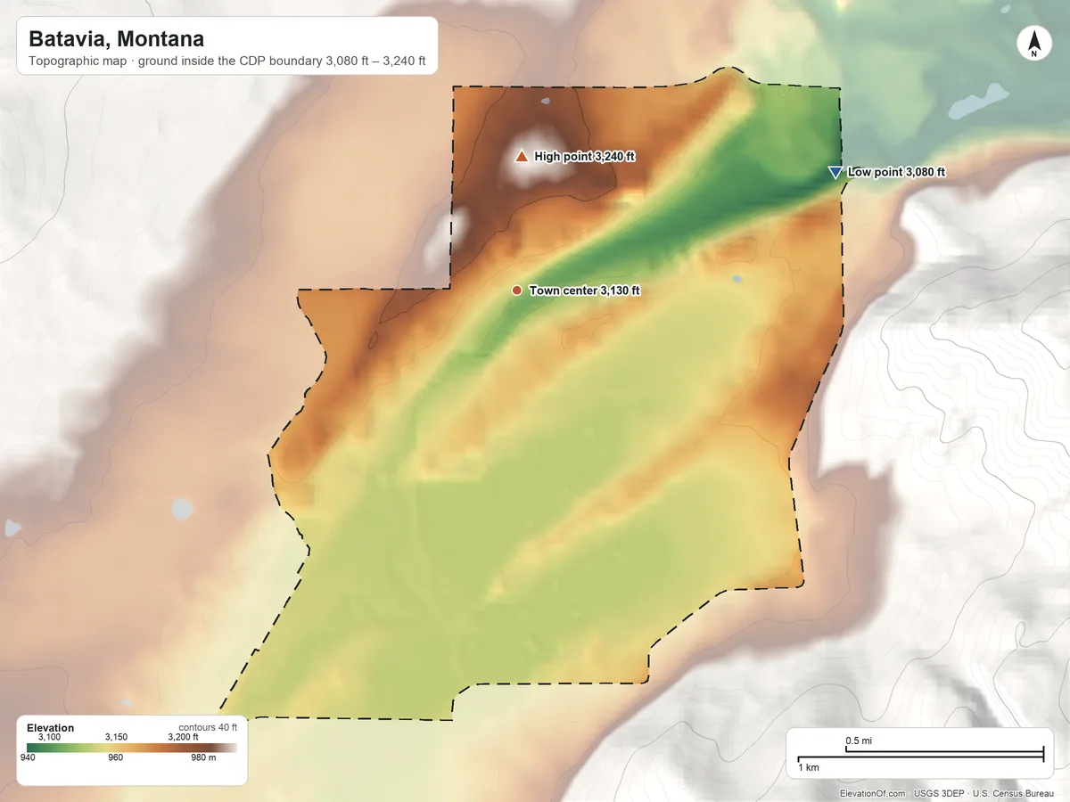 Topographic elevation map of Batavia, Montana, shaded from 3,080 ft on the east side to 3,240 ft on the north edge, below higher ground just outside