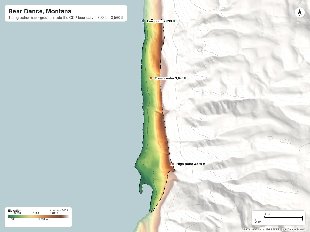 Topographic elevation map of Bear Dance, Montana, shaded from 2,890 ft on the north side to 3,560 ft on the south edge, below higher ground just outside