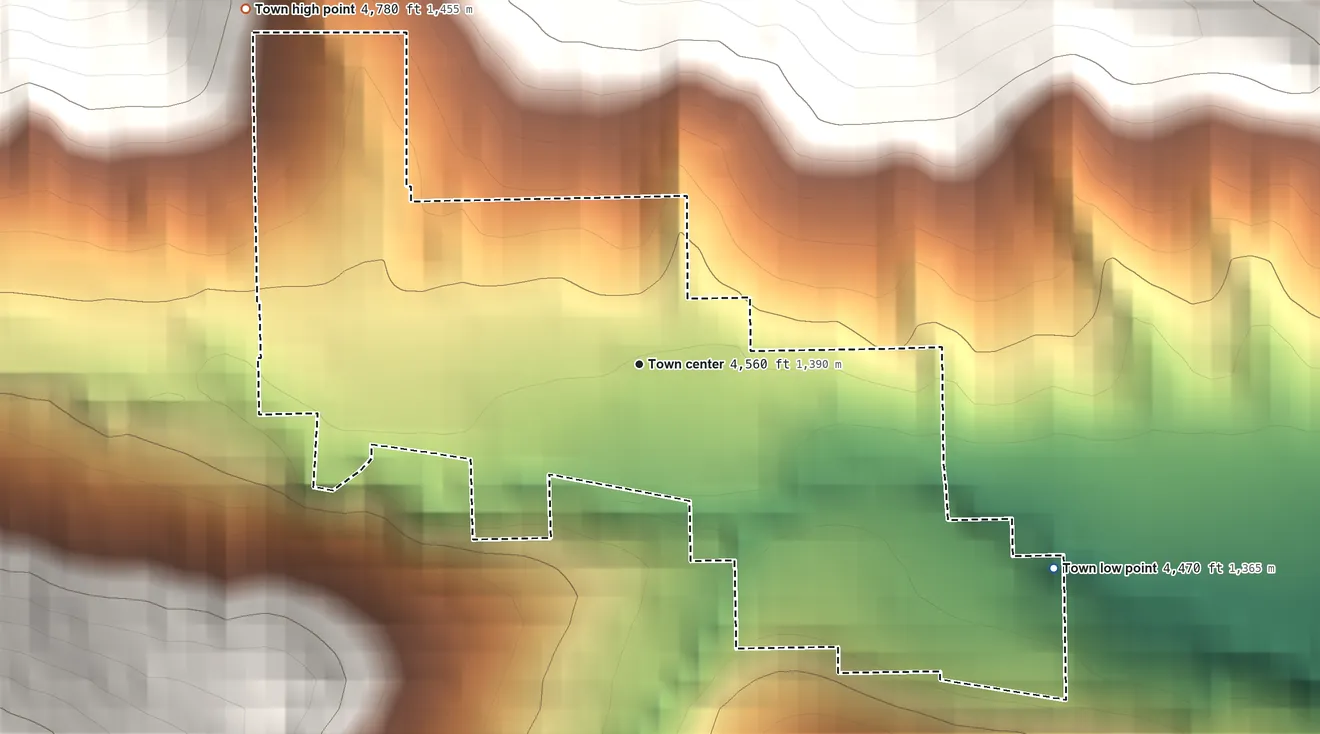 Topographic elevation map of Bearcreek, Montana, shaded from 4,470 ft on the southeast side to 4,780 ft on the northwest edge, below higher ground just outside