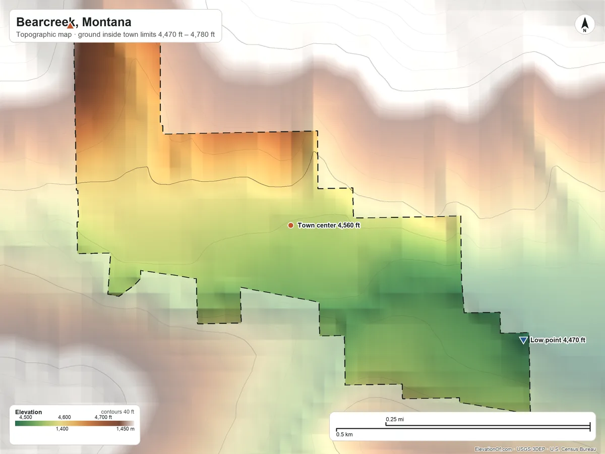 Topographic elevation map of Bearcreek, Montana, shaded from 4,470 ft on the southeast side to 4,780 ft on the northwest edge, below higher ground just outside