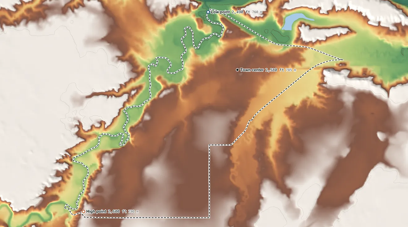Topographic elevation map of Beaver Creek, Montana, shaded from 2,490 ft on the northwest side to 2,600 ft on the southwest side