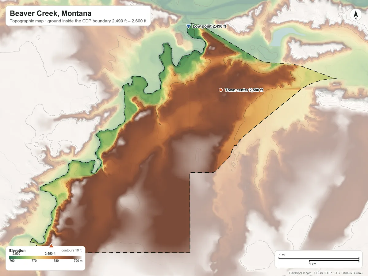 Topographic elevation map of Beaver Creek, Montana, shaded from 2,490 ft on the northwest side to 2,600 ft on the southwest side