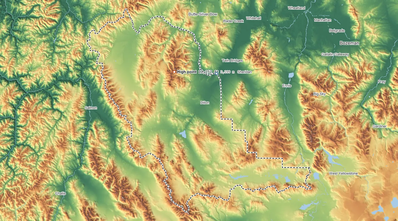 Topographic elevation map of Beaverhead County, Montana, shaded from 4,810 ft on the northeast side to 11,152 ft on Torrey Mountain
