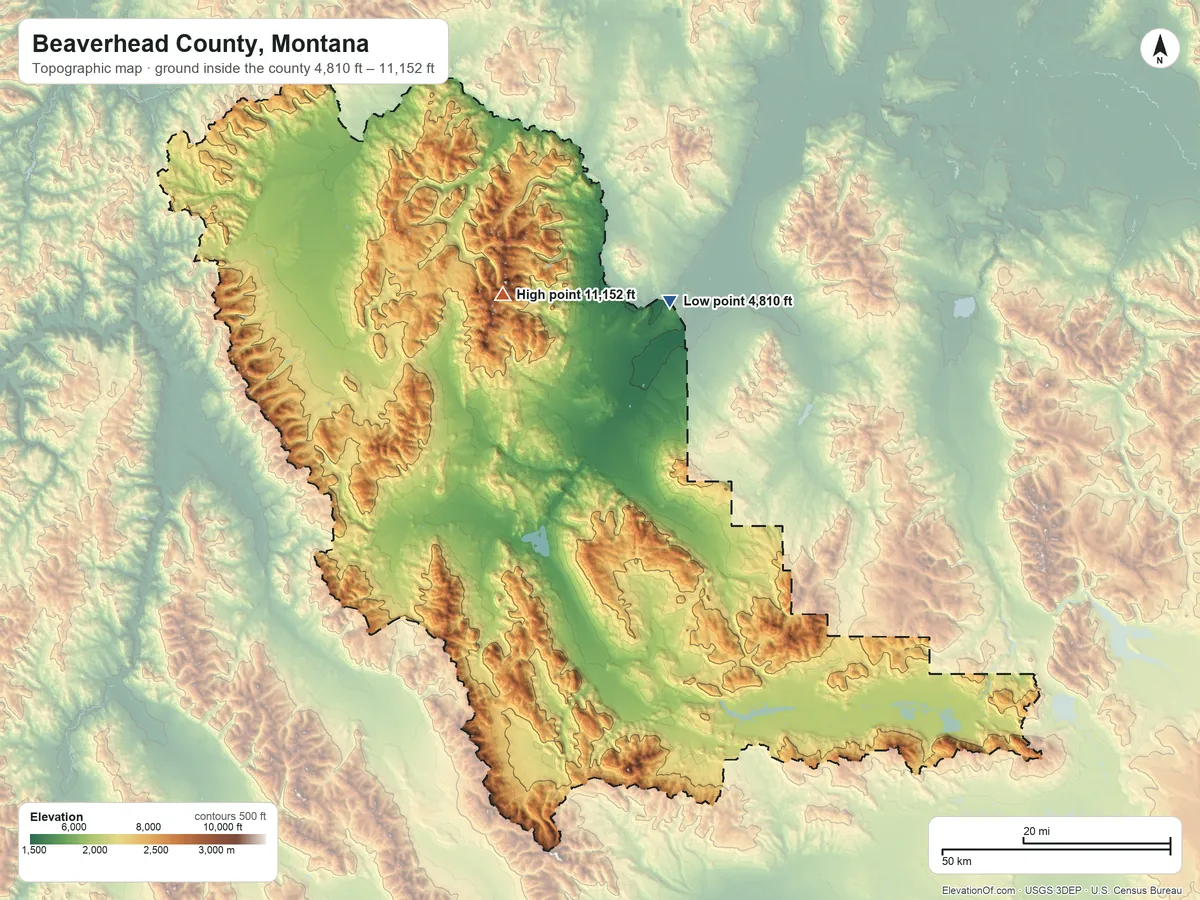 Topographic elevation map of Beaverhead County, Montana, shaded from 4,810 ft on the northeast side to 11,152 ft on Torrey Mountain