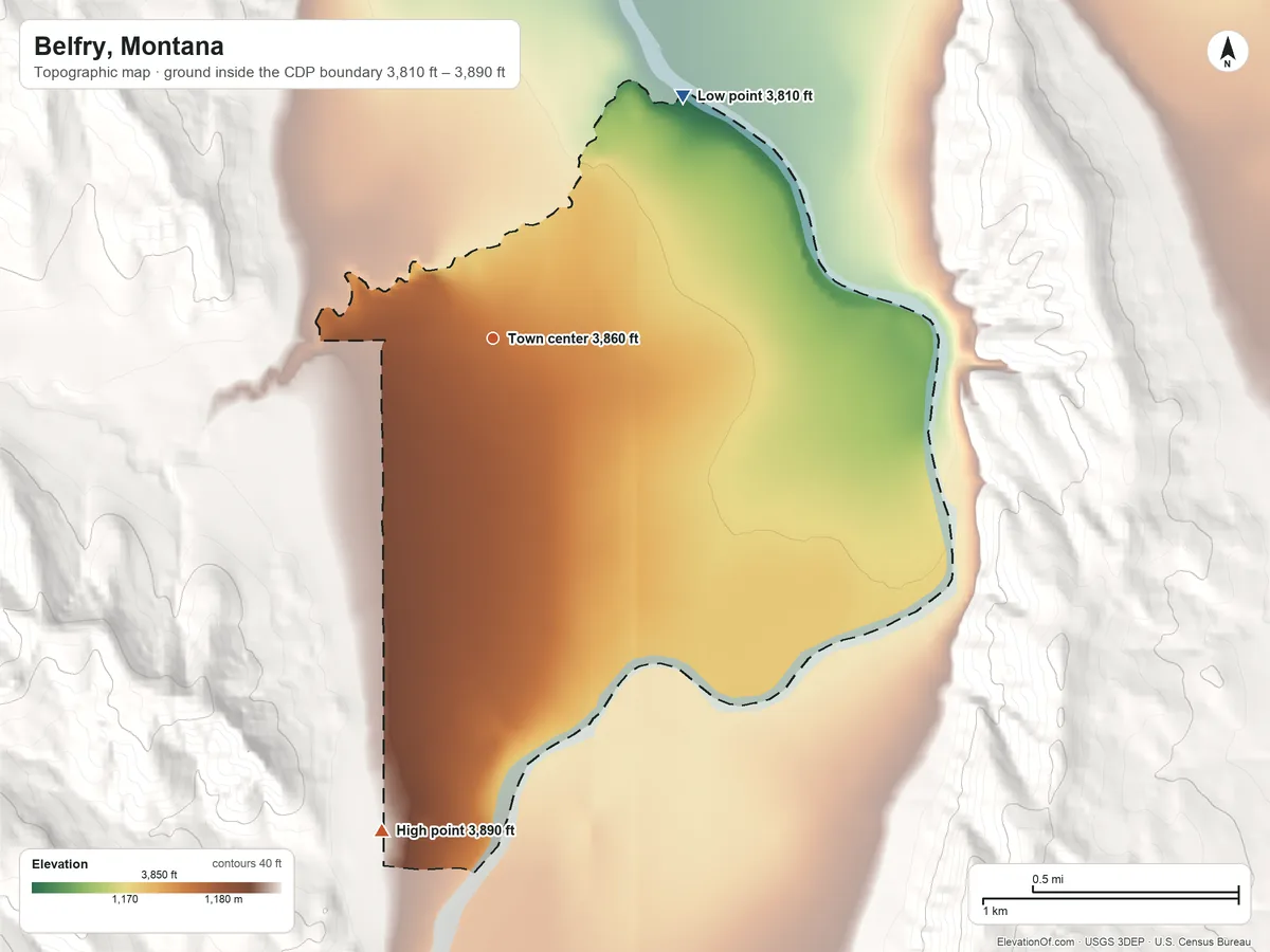 Topographic elevation map of Belfry, Montana, shaded from 3,810 ft on the northeast side to 3,890 ft on the south edge, below higher ground just outside