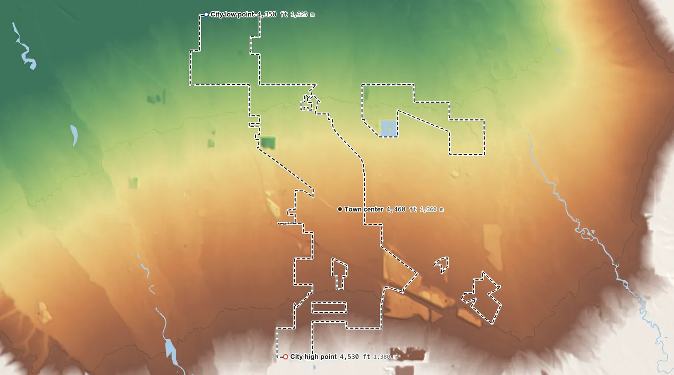 Topographic elevation map of Belgrade, Montana, shaded from 4,350 ft on the northwest side to 4,530 ft on the south side
