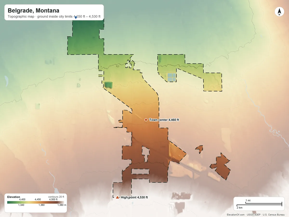 Topographic elevation map of Belgrade, Montana, shaded from 4,350 ft on the northwest side to 4,530 ft on the south side
