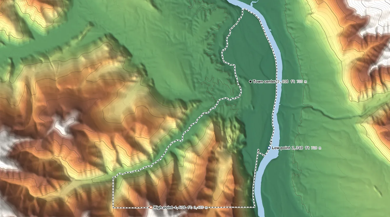 Topographic elevation map of Belknap, Montana, shaded from 2,340 ft on the south side to 4,610 ft on the southwest edge, below higher ground just outside