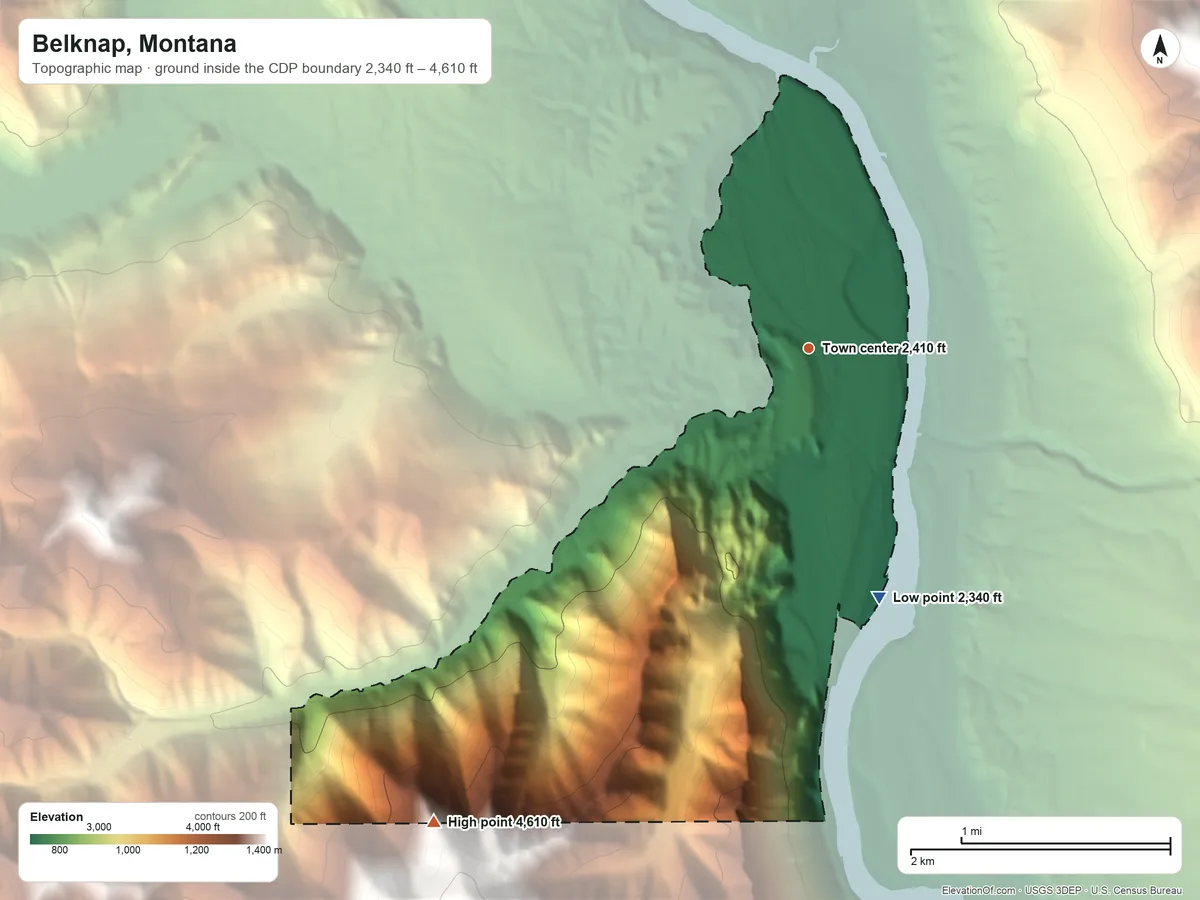 Topographic elevation map of Belknap, Montana, shaded from 2,340 ft on the south side to 4,610 ft on the southwest edge, below higher ground just outside