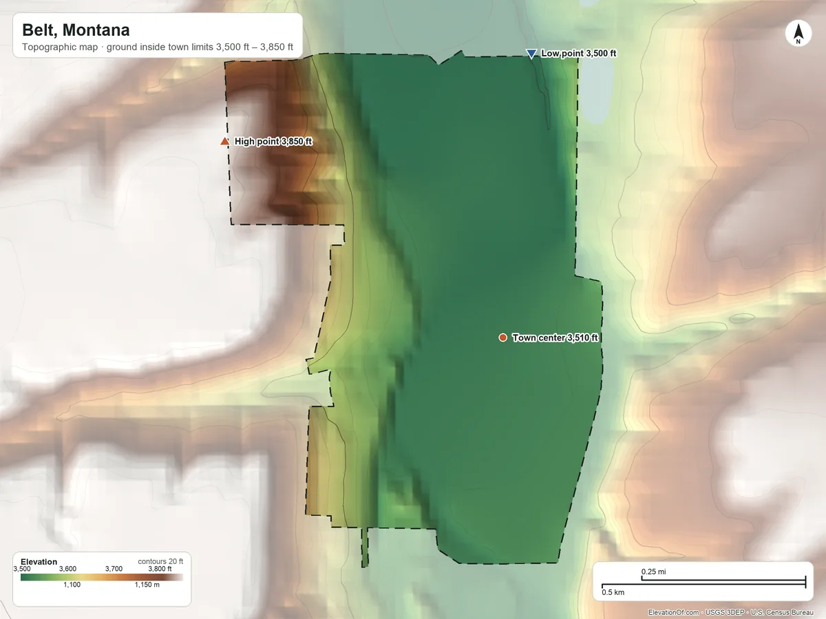 Topographic elevation map of Belt, Montana, shaded from 3,500 ft on the north side to 3,850 ft on the northwest side