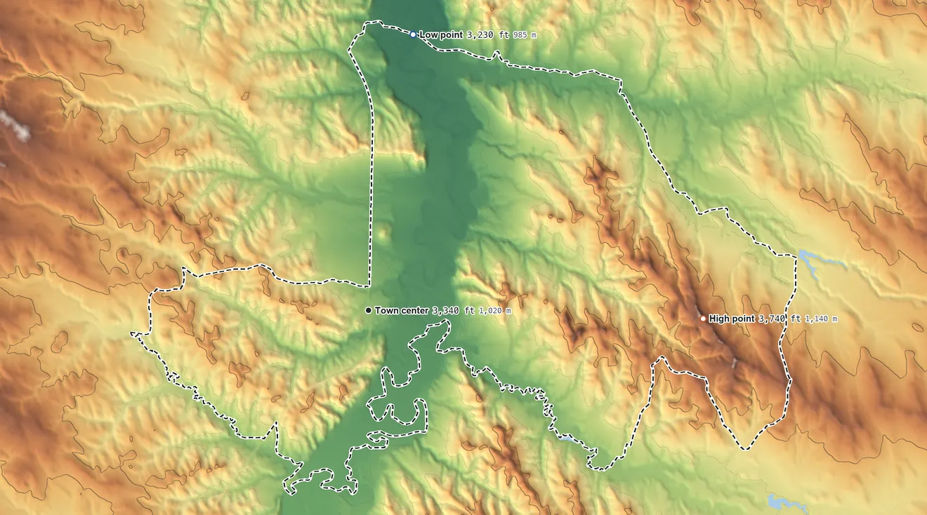 Topographic elevation map of Biddle, Montana, shaded from 3,230 ft on the north side to 3,740 ft on the east side