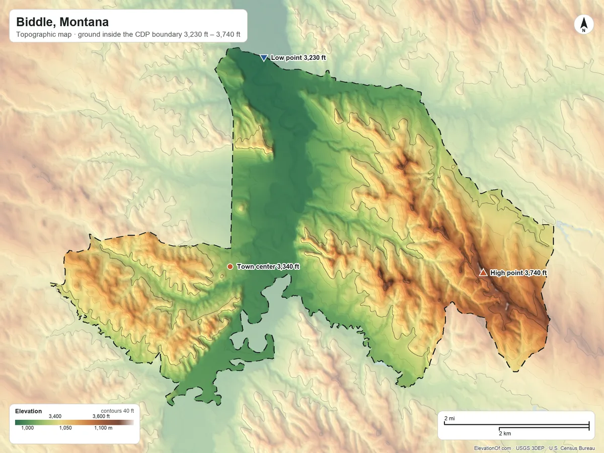 Topographic elevation map of Biddle, Montana, shaded from 3,230 ft on the north side to 3,740 ft on the east side