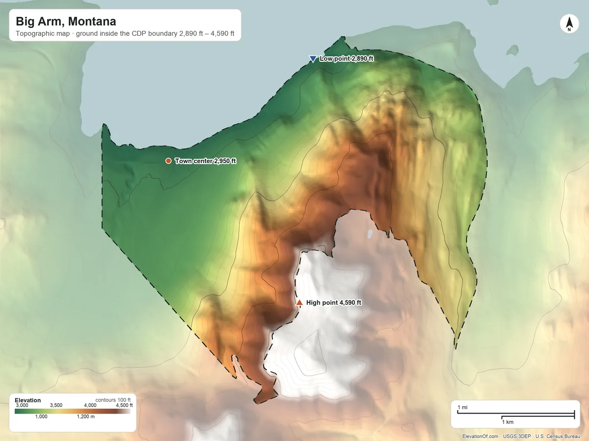 Topographic elevation map of Big Arm, Montana, shaded from 2,890 ft on the northeast side to 4,590 ft on the southeast edge, below higher ground just outside