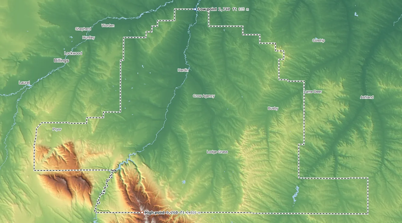 Topographic elevation map of Big Horn County, Montana, shaded from 2,740 ft on the north side to 9,260 ft on the southwest side