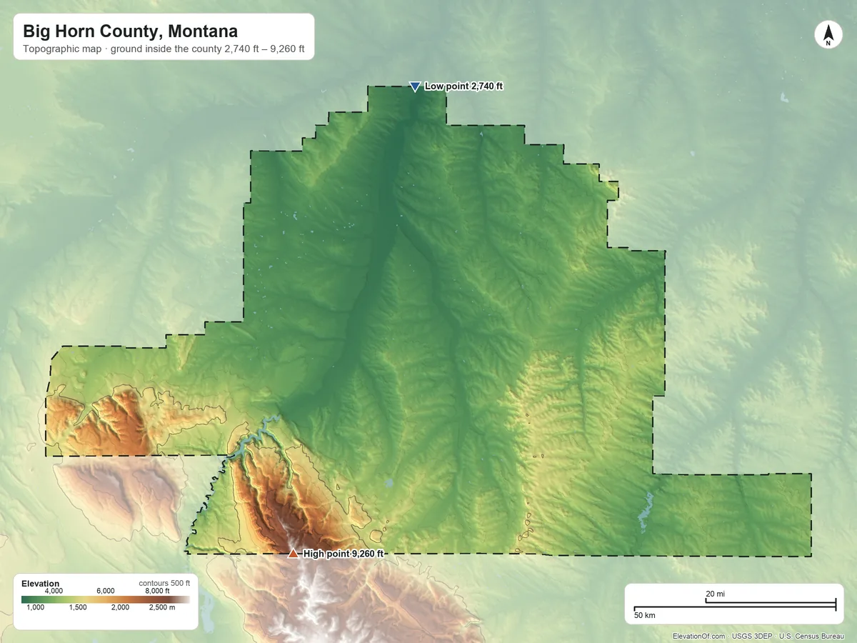 Topographic elevation map of Big Horn County, Montana, shaded from 2,740 ft on the north side to 9,260 ft on the southwest side