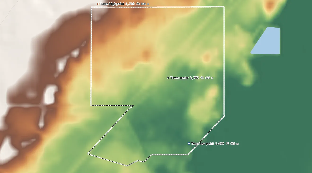 Topographic elevation map of Big Sandy, Montana, shaded from 2,690 ft on the south side to 2,730 ft on the northwest side
