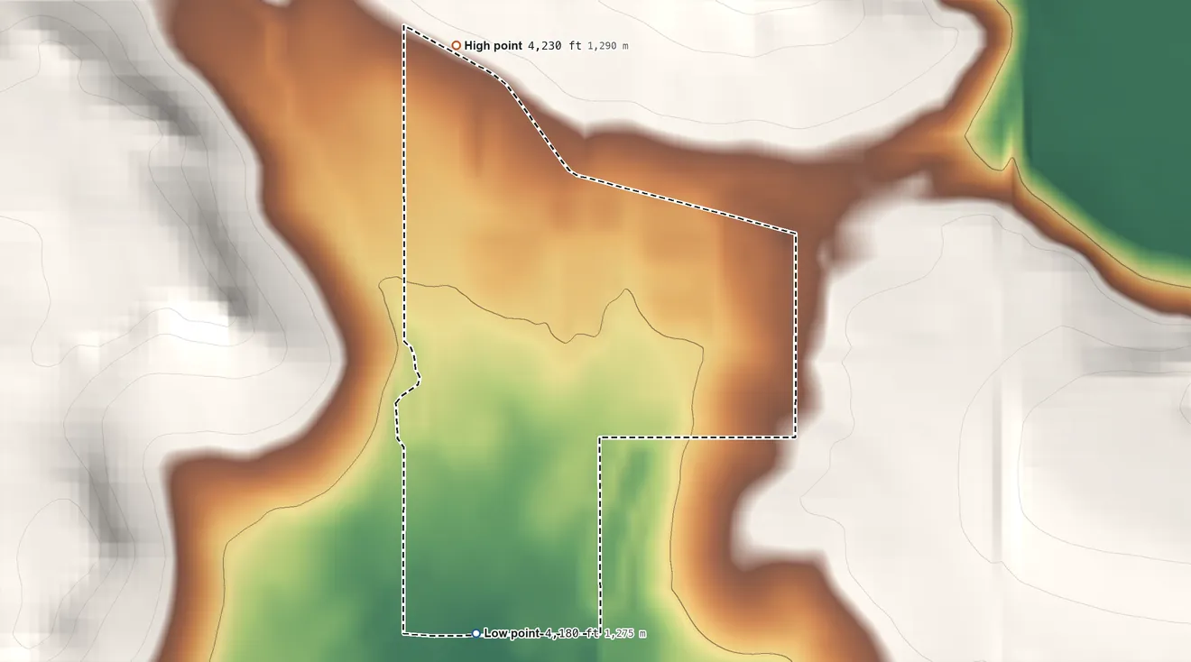 Topographic elevation map of Big Sky Colony, Montana, shaded from 4,180 ft on the south side to 4,230 ft on the north side