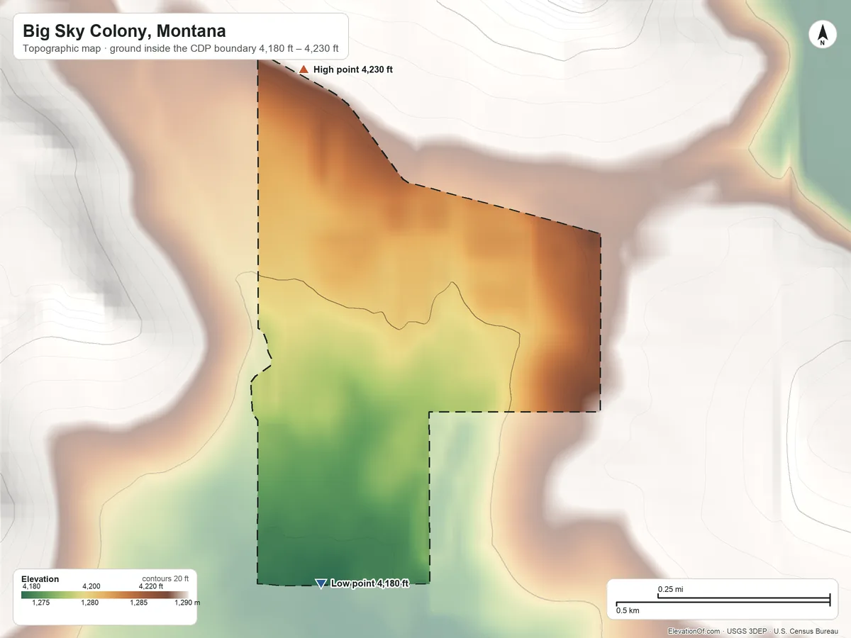 Topographic elevation map of Big Sky Colony, Montana, shaded from 4,180 ft on the south side to 4,230 ft on the north side
