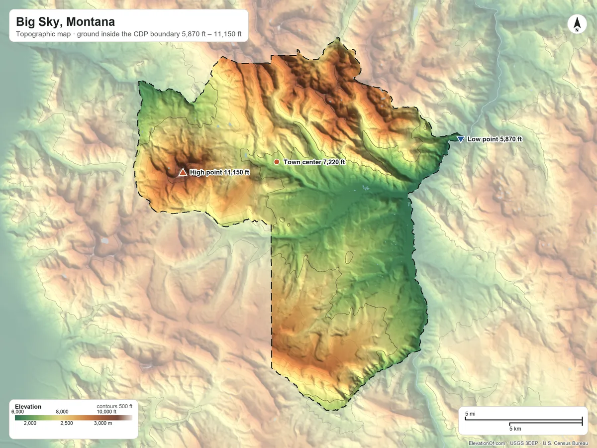 Topographic elevation map of Big Sky, Montana, shaded from 5,870 ft on the east side to 11,150 ft on Lone Mountain