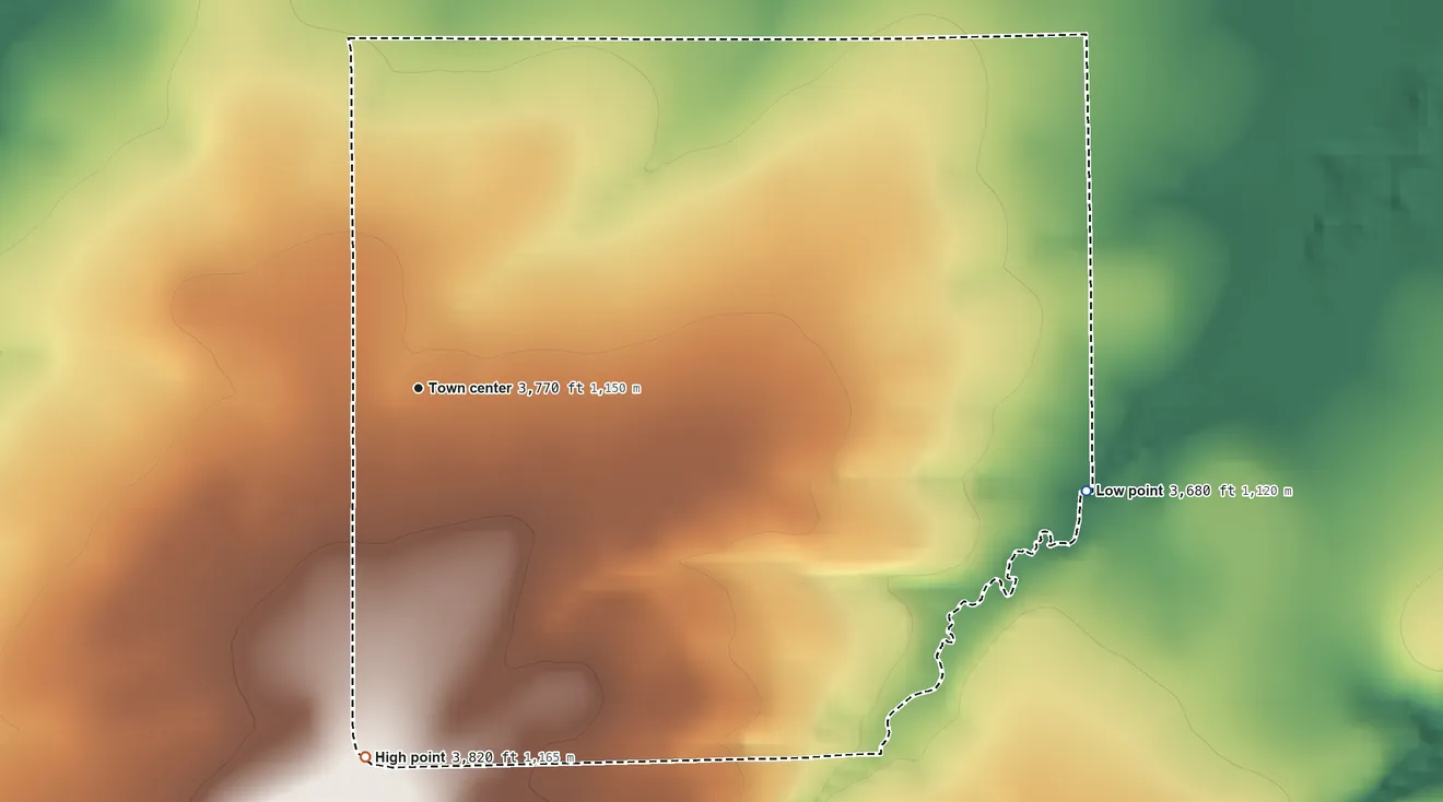 Topographic elevation map of Big Stone Colony, Montana, shaded from 3,680 ft on the east side to 3,820 ft on the south side