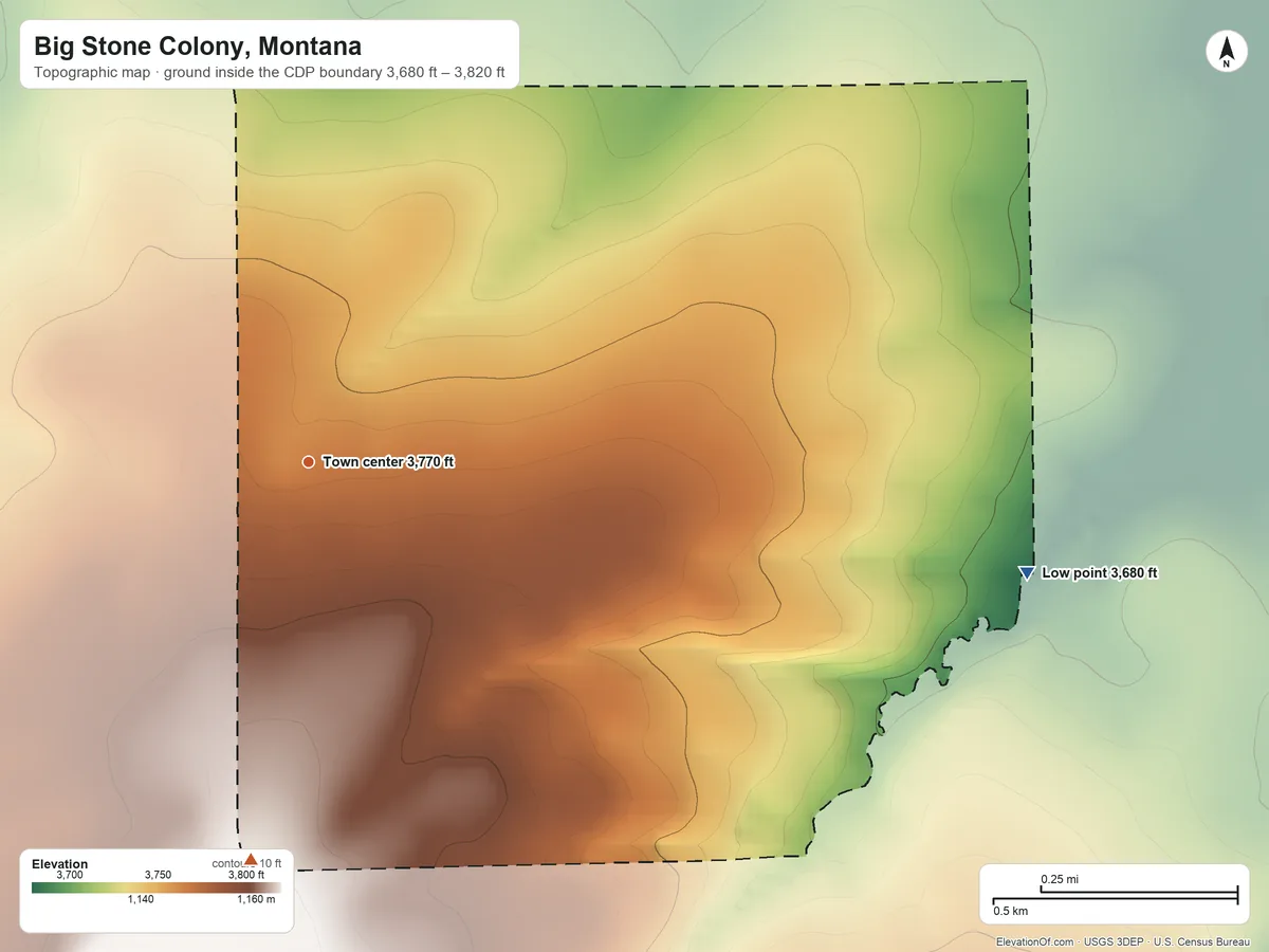 Topographic elevation map of Big Stone Colony, Montana, shaded from 3,680 ft on the east side to 3,820 ft on the south side