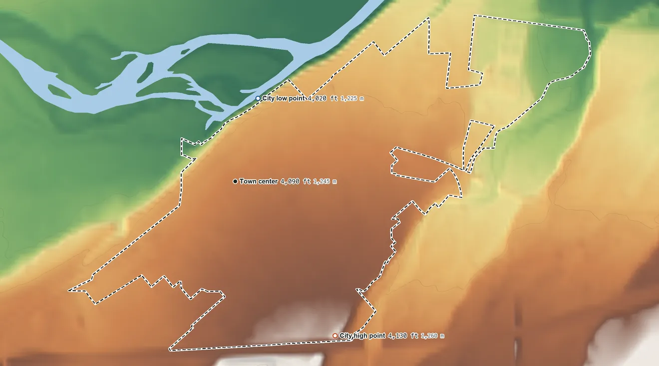 Topographic elevation map of Big Timber, Montana, shaded from 4,020 ft on the north side to 4,130 ft on the southeast edge, below higher ground just outside