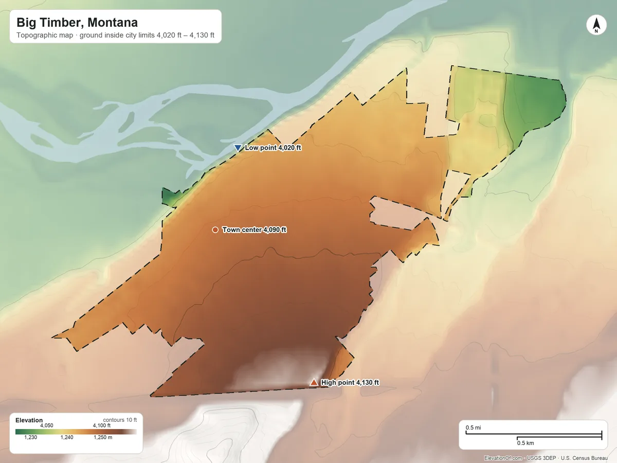 Topographic elevation map of Big Timber, Montana, shaded from 4,020 ft on the north side to 4,130 ft on the southeast edge, below higher ground just outside