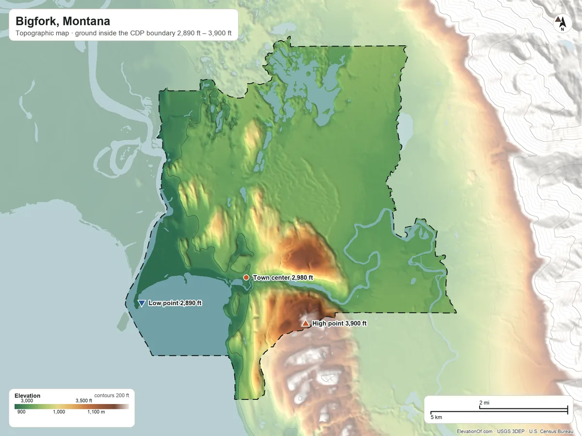 Topographic elevation map of Bigfork, Montana, shaded from 2,890 ft on the west side to 3,900 ft on the southeast side