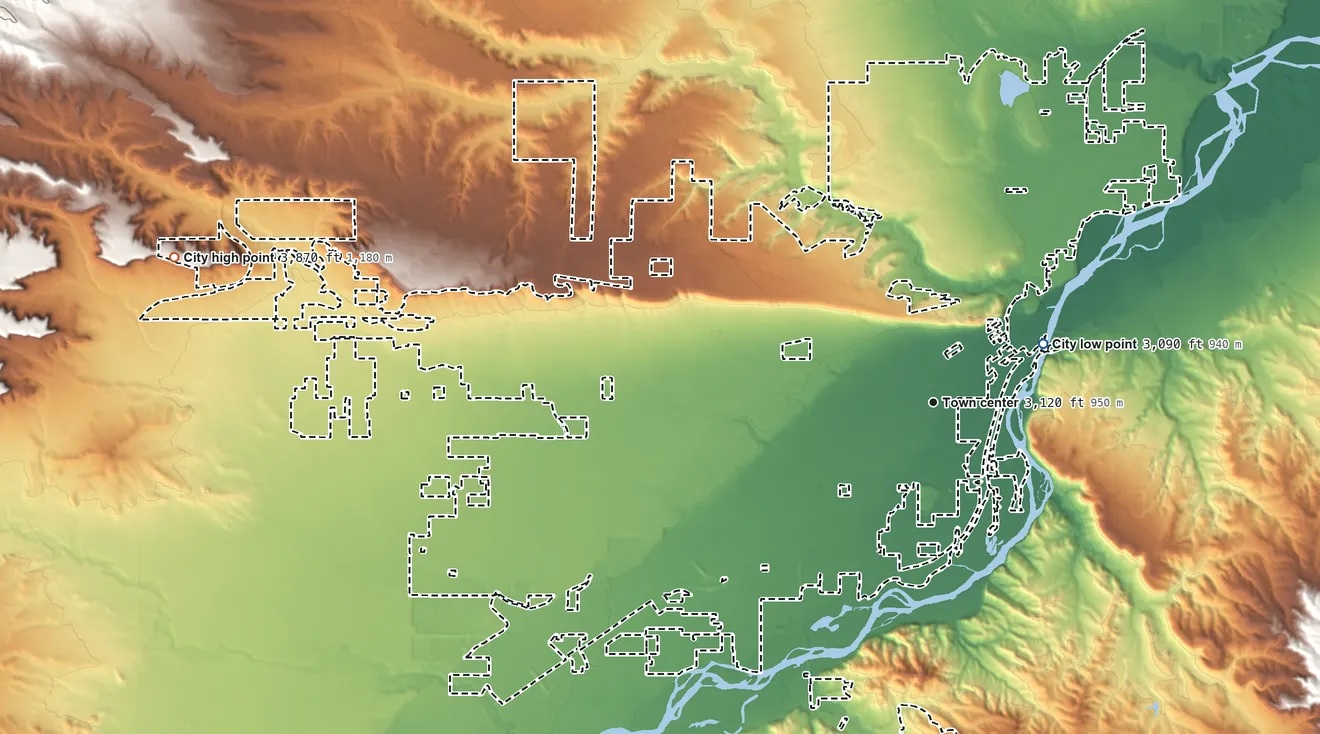 Topographic elevation map of Billings, Montana, shaded from 3,090 ft on the northeast side to 3,870 ft on the west side