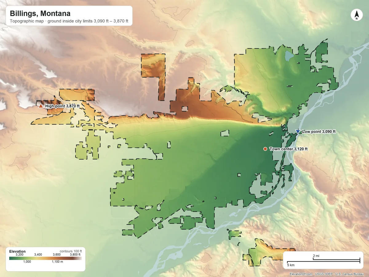 Topographic elevation map of Billings, Montana, shaded from 3,090 ft on the northeast side to 3,870 ft on the west side