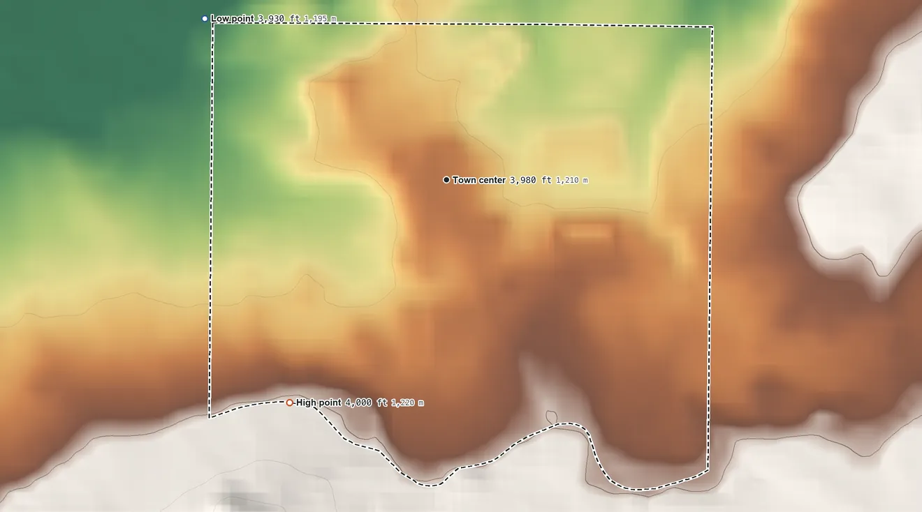 Topographic elevation map of Birch Creek Colony, Montana, shaded from 3,930 ft on the northwest side to 4,000 ft on the southwest side