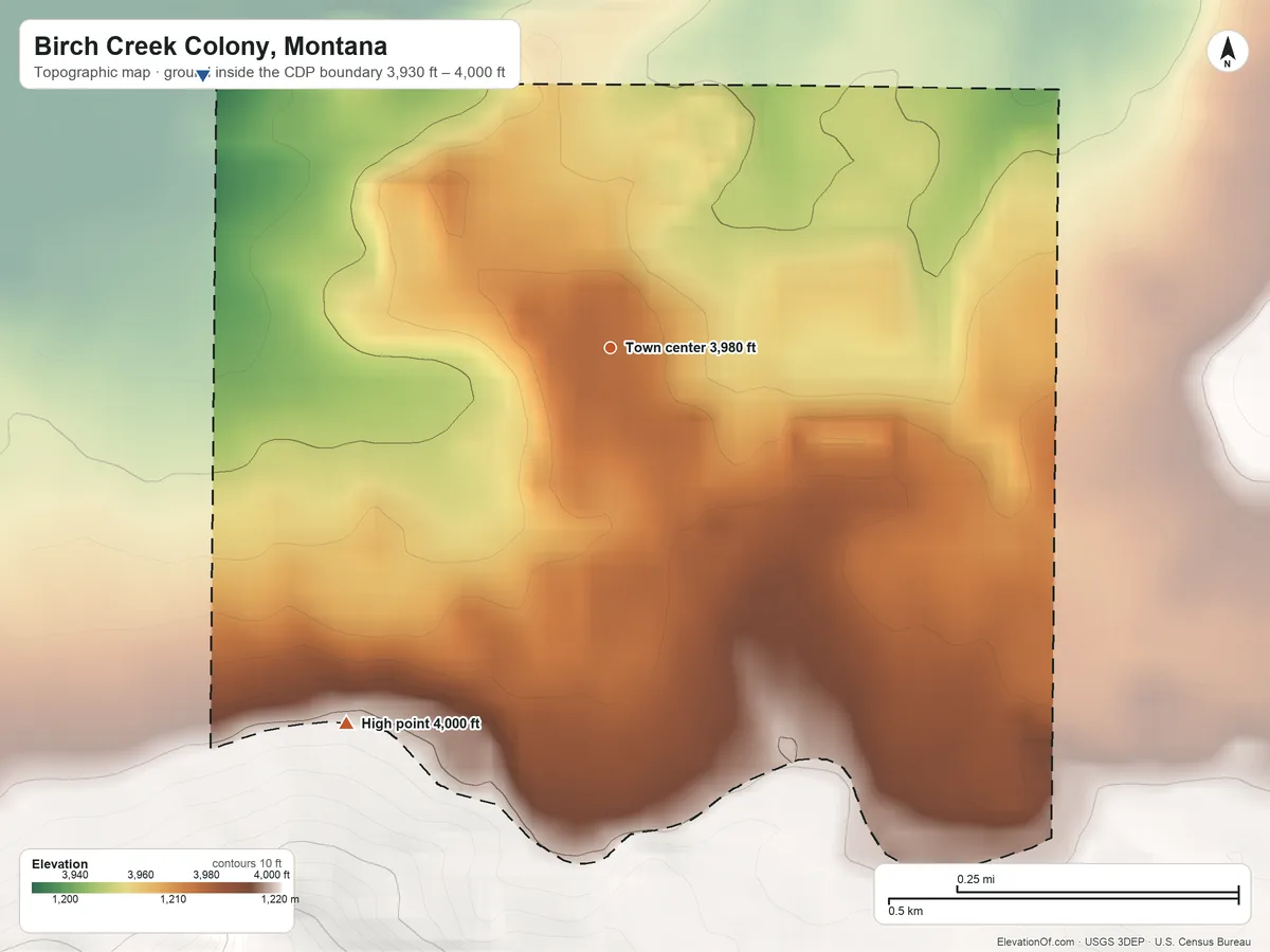 Topographic elevation map of Birch Creek Colony, Montana, shaded from 3,930 ft on the northwest side to 4,000 ft on the southwest side