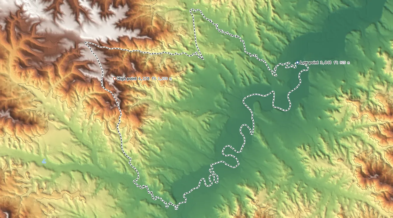 Topographic elevation map of Birney, Montana, shaded from 3,040 ft on the northeast side to 4,170 ft on the west side