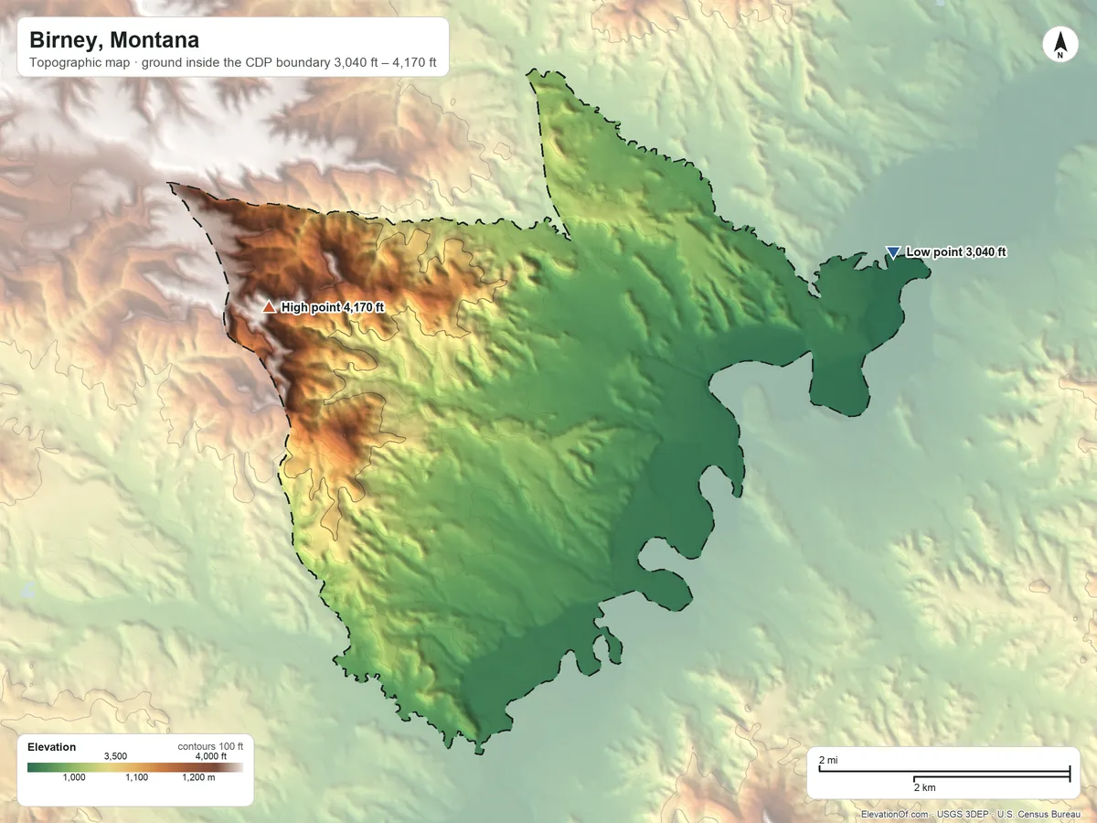 Topographic elevation map of Birney, Montana, shaded from 3,040 ft on the northeast side to 4,170 ft on the west side