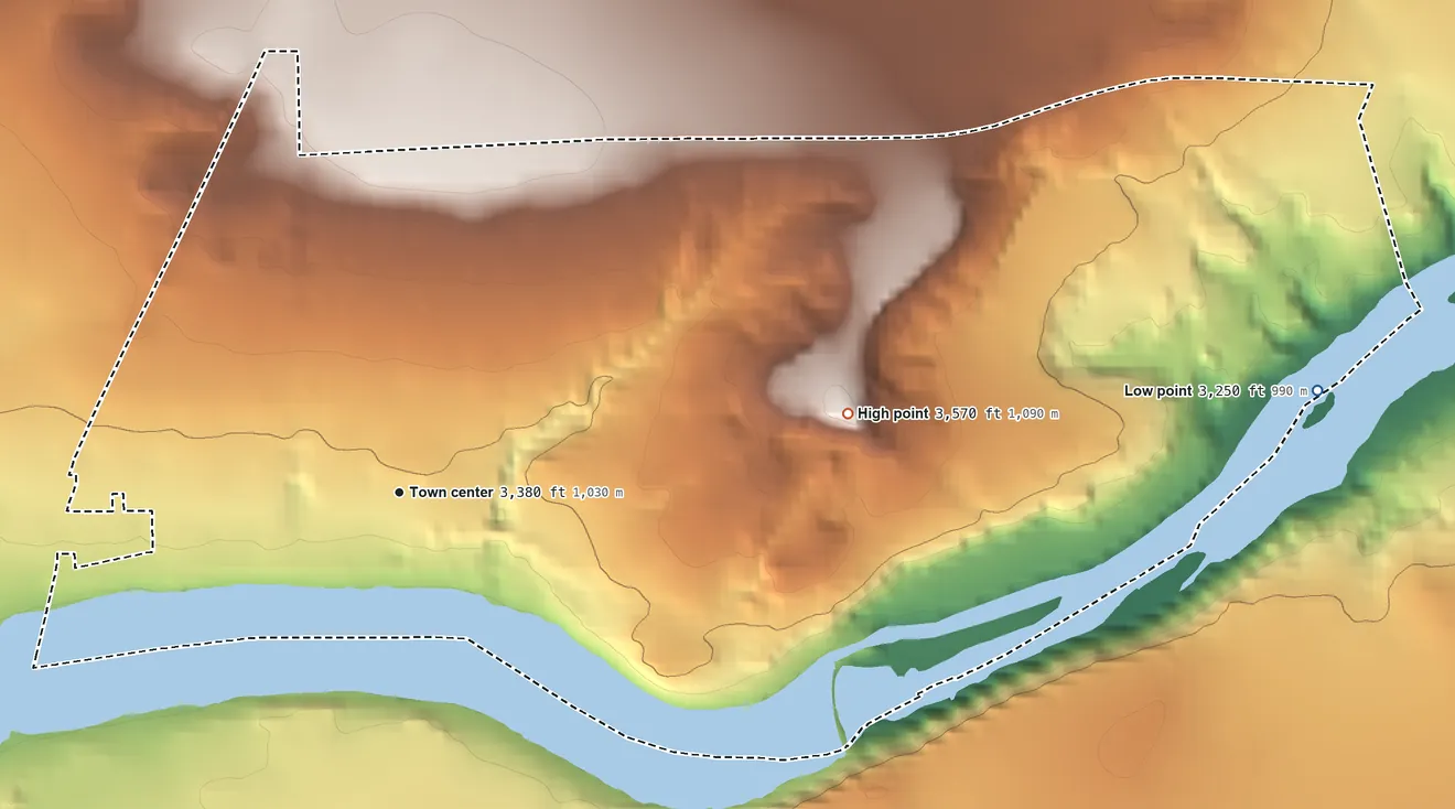 Topographic elevation map of Black Eagle, Montana, shaded from 3,250 ft on the east side to 3,570 ft on Indian Butte