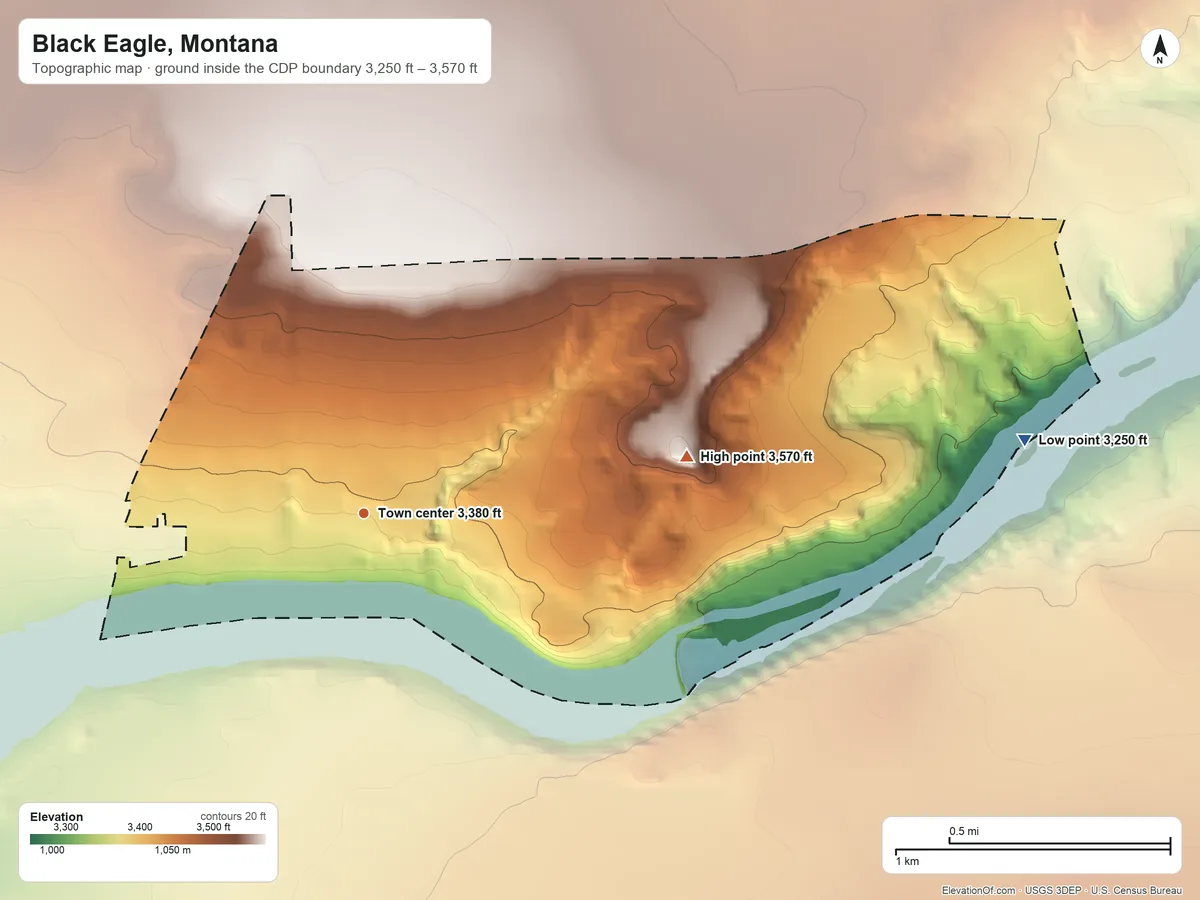 Topographic elevation map of Black Eagle, Montana, shaded from 3,250 ft on the east side to 3,570 ft on Indian Butte