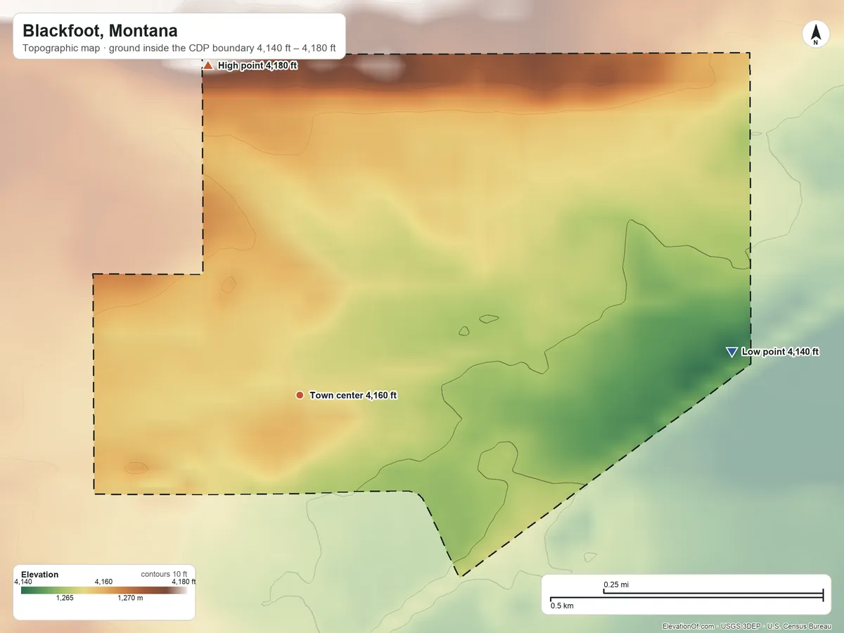 Topographic elevation map of Blackfoot, Montana, shaded from 4,140 ft on the east side to 4,180 ft on the north side