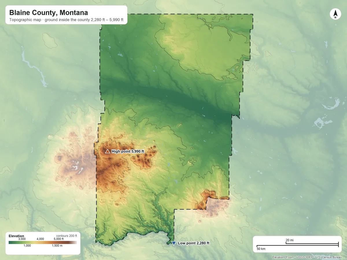 Topographic elevation map of Blaine County, Montana, shaded from 2,280 ft on the south side to 5,990 ft on the west side
