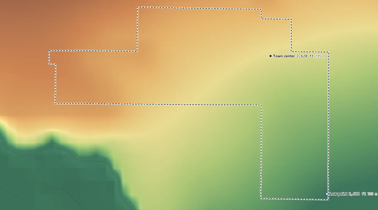 Topographic elevation map of Bloomfield, Montana, shaded from 2,600 ft on the south side to 2,630 ft on the northwest side