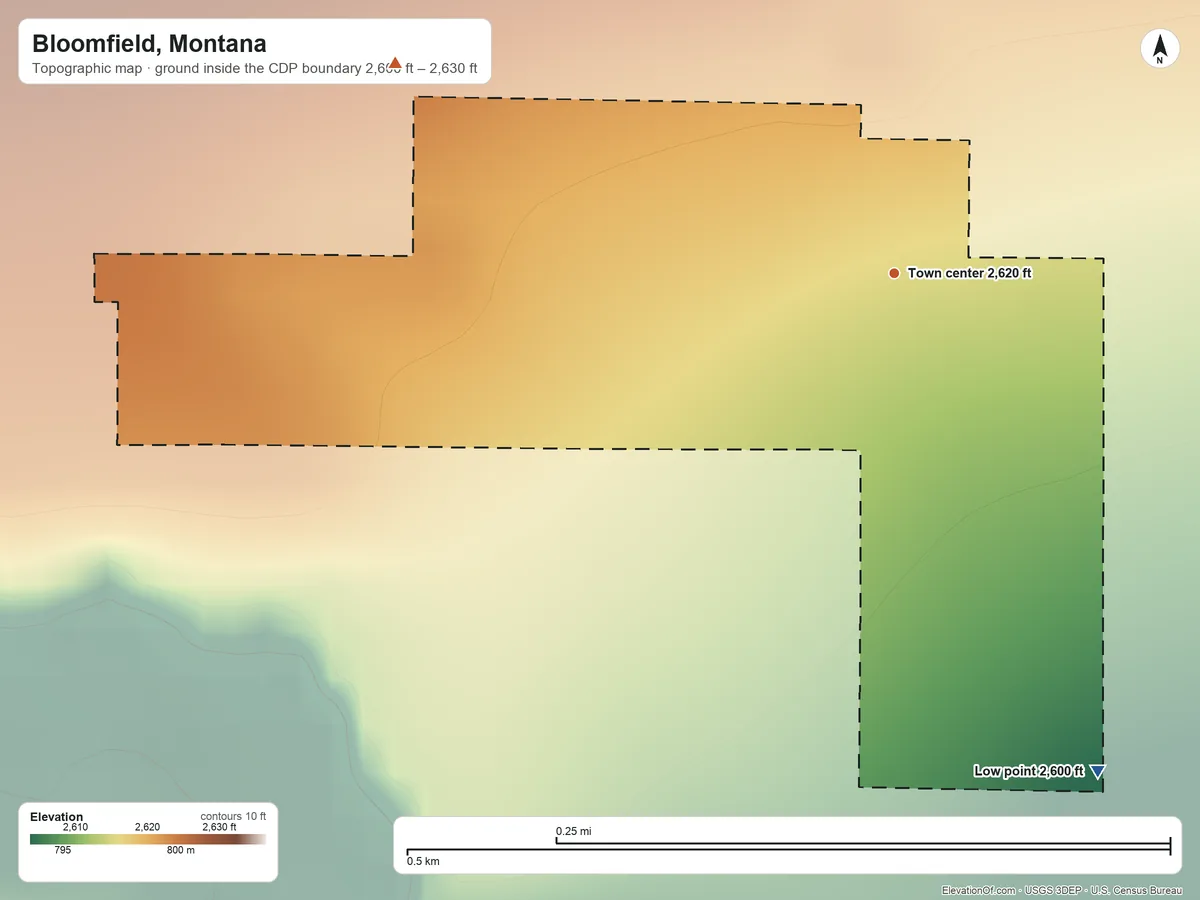 Topographic elevation map of Bloomfield, Montana, shaded from 2,600 ft on the south side to 2,630 ft on the northwest side